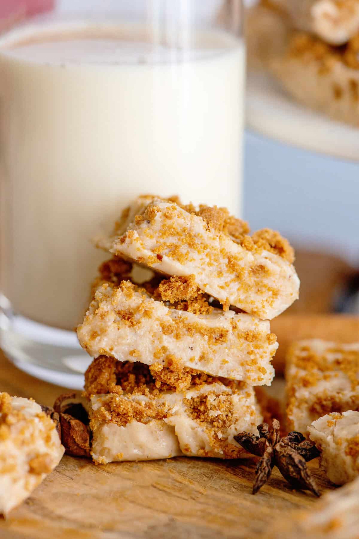 A tower of eggnog fudge slices
