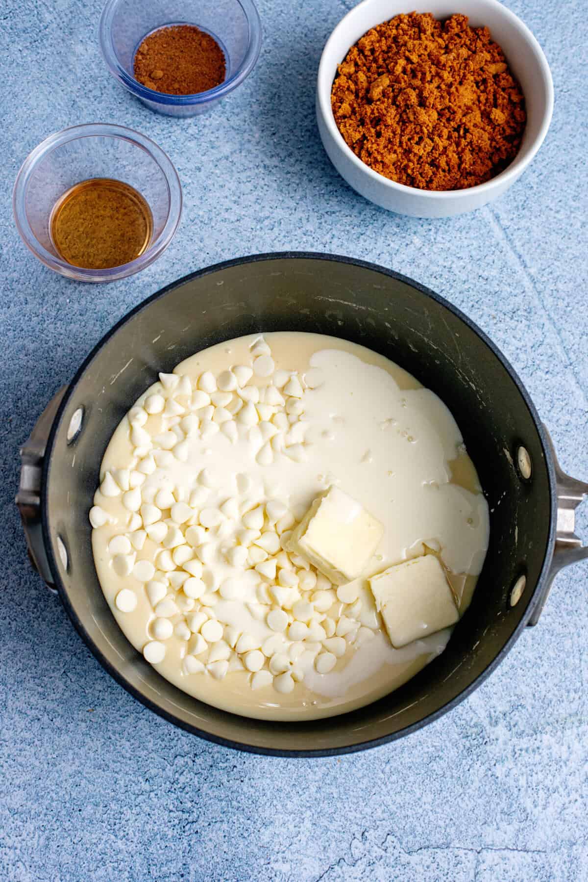 Melting white chocolate chips, butter, and eggnog in a sauce pan
