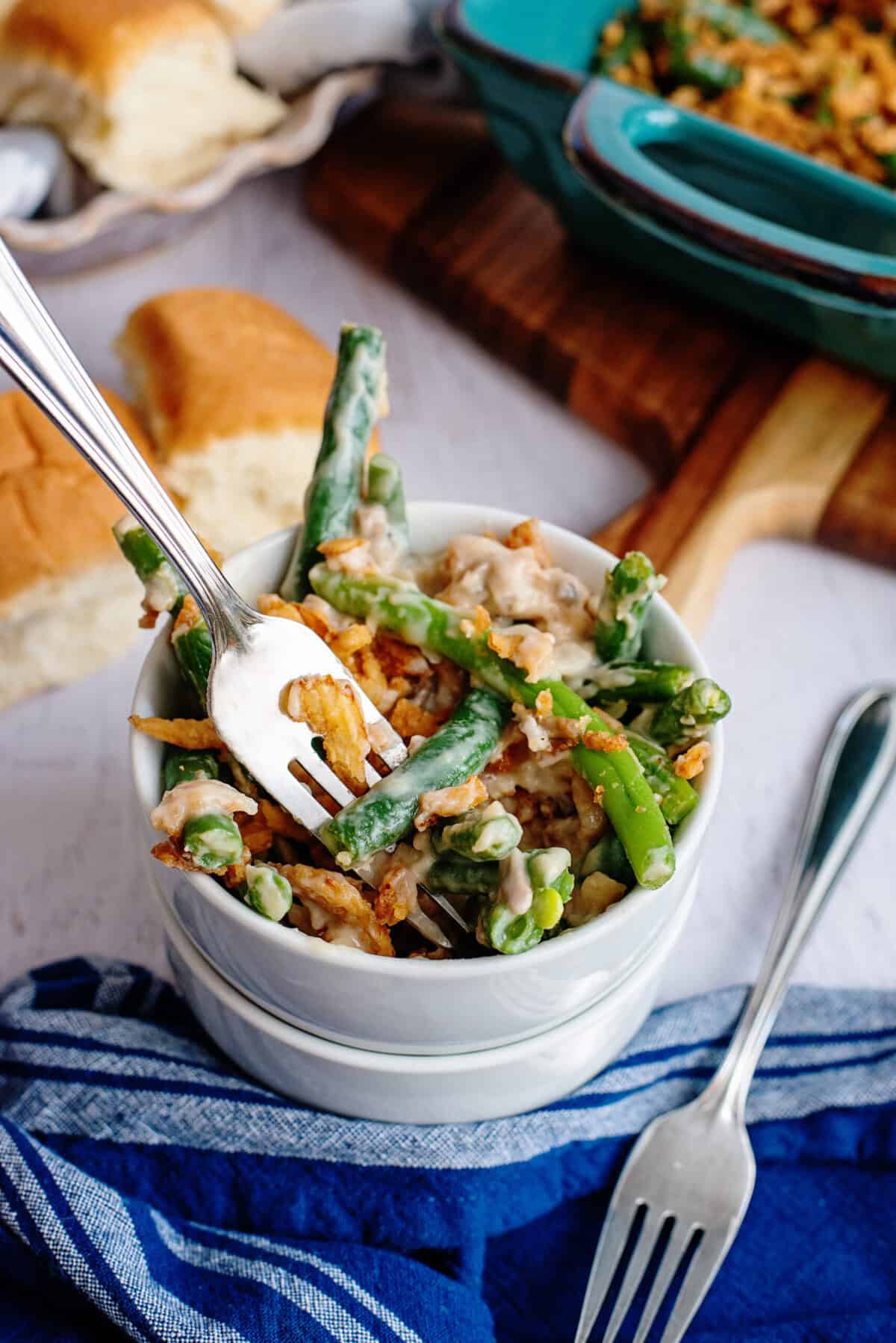 A small bowl of green bean casserole
