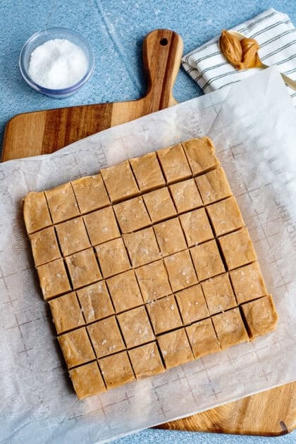 Sliced peanut butter fudge pieces