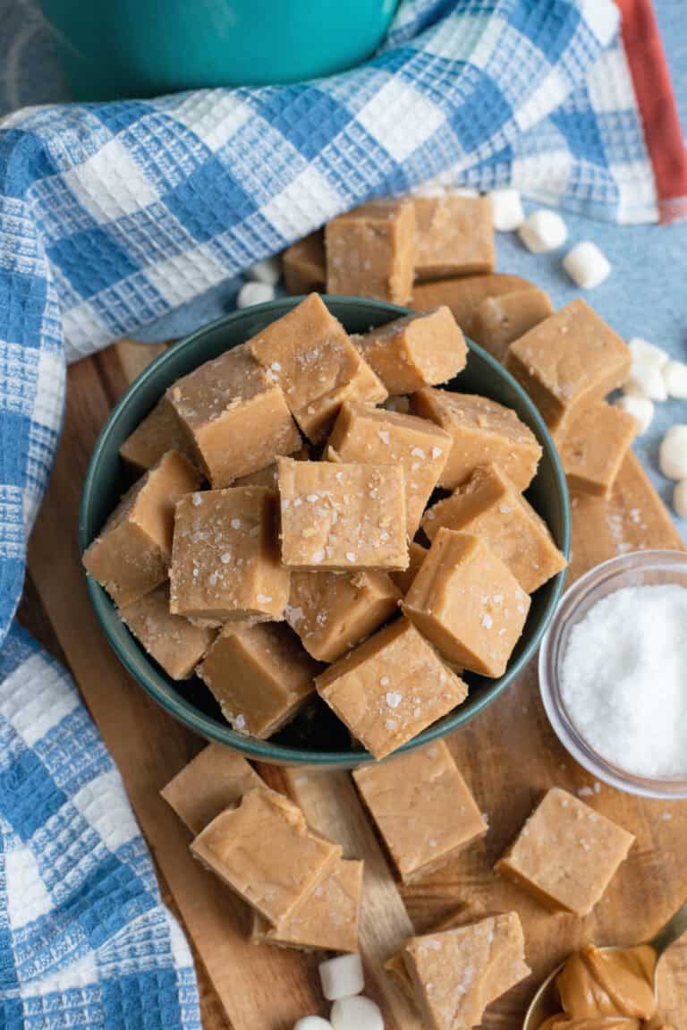 A bowl of peanut butter fudge squares