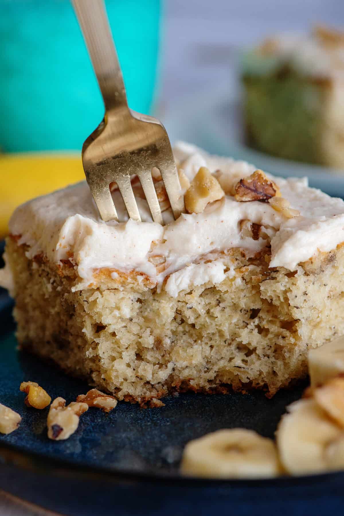 Close up of a banana bread cake bar