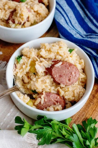 A close up of a bowl of chicken bog
