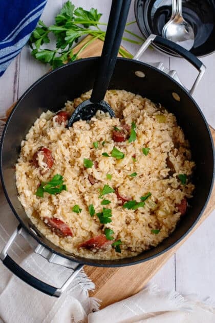 Finished chicken bog mixed well and ready to serve