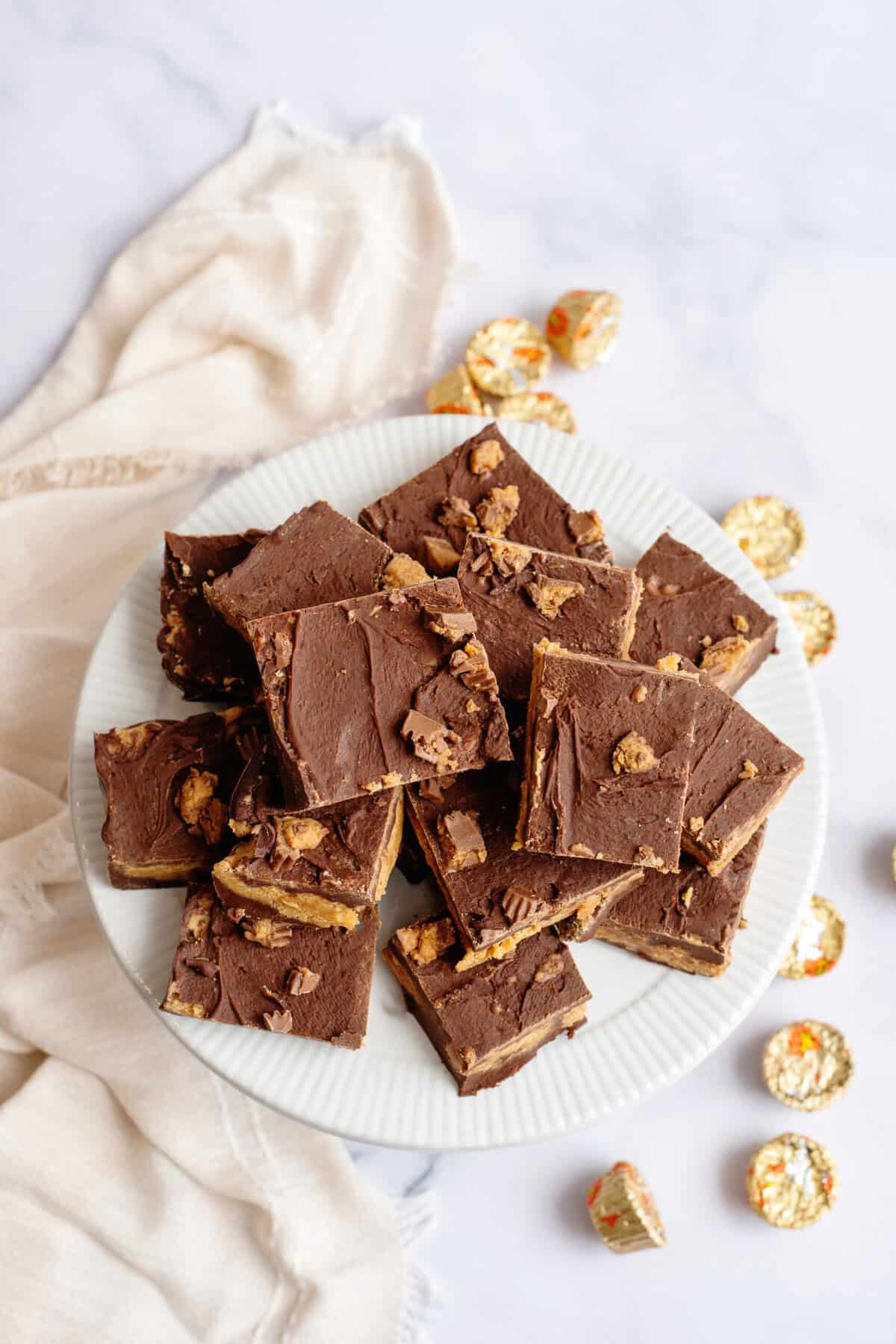 A plate of chocolate peanut butter fudge squares