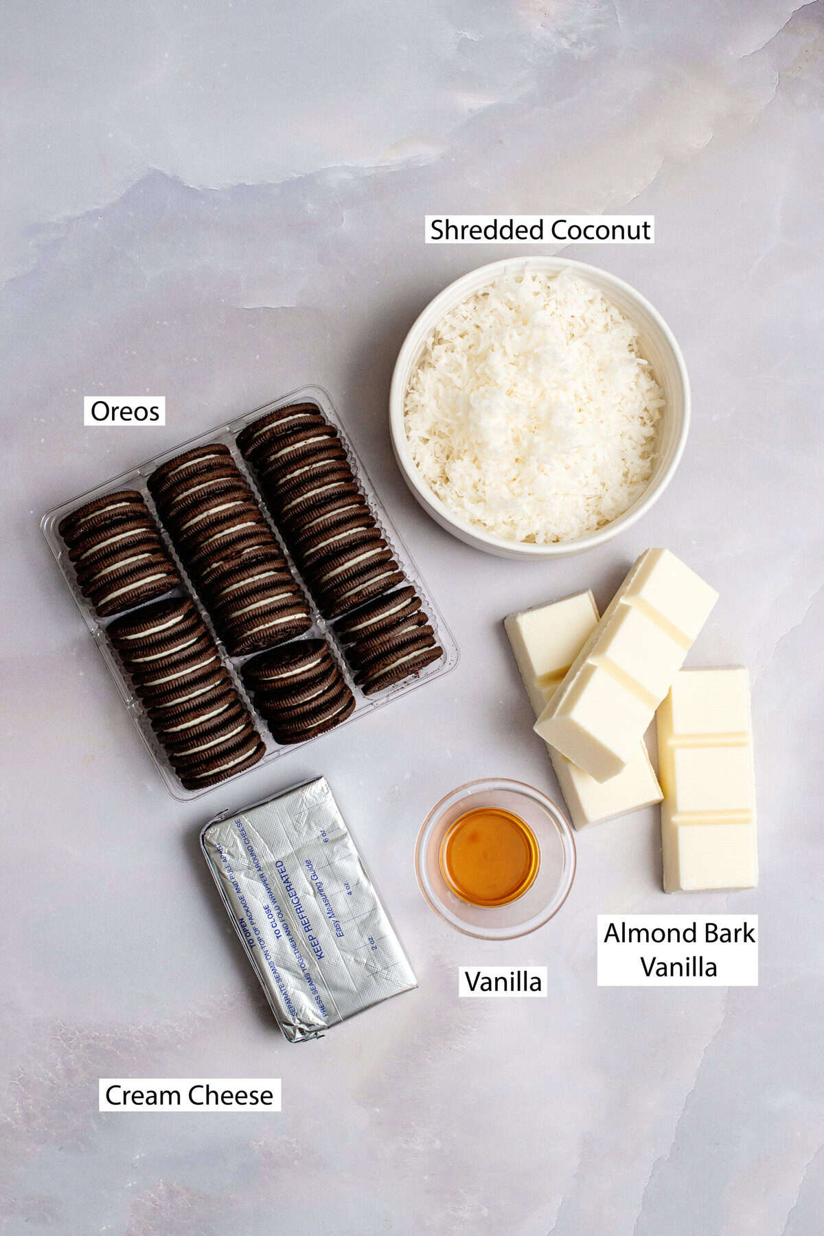 Ingredients for coconut-coated Oreo Balls