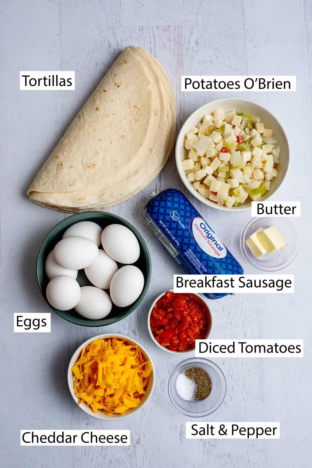 Ingredients for grab and go breakfast burritos
