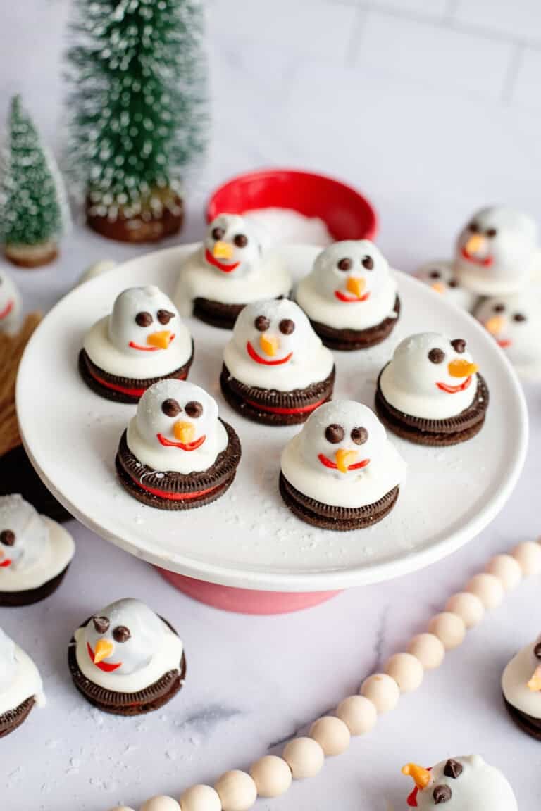 A serving tray of snowman Oreo balls