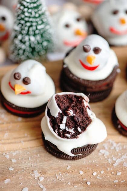 Snowman Oreo cookie ball with a bite taken out