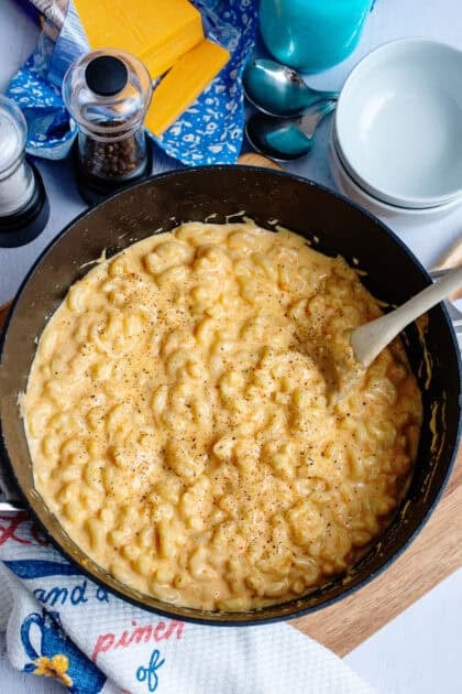 A pan of finished mac and cheese with hidden veggies