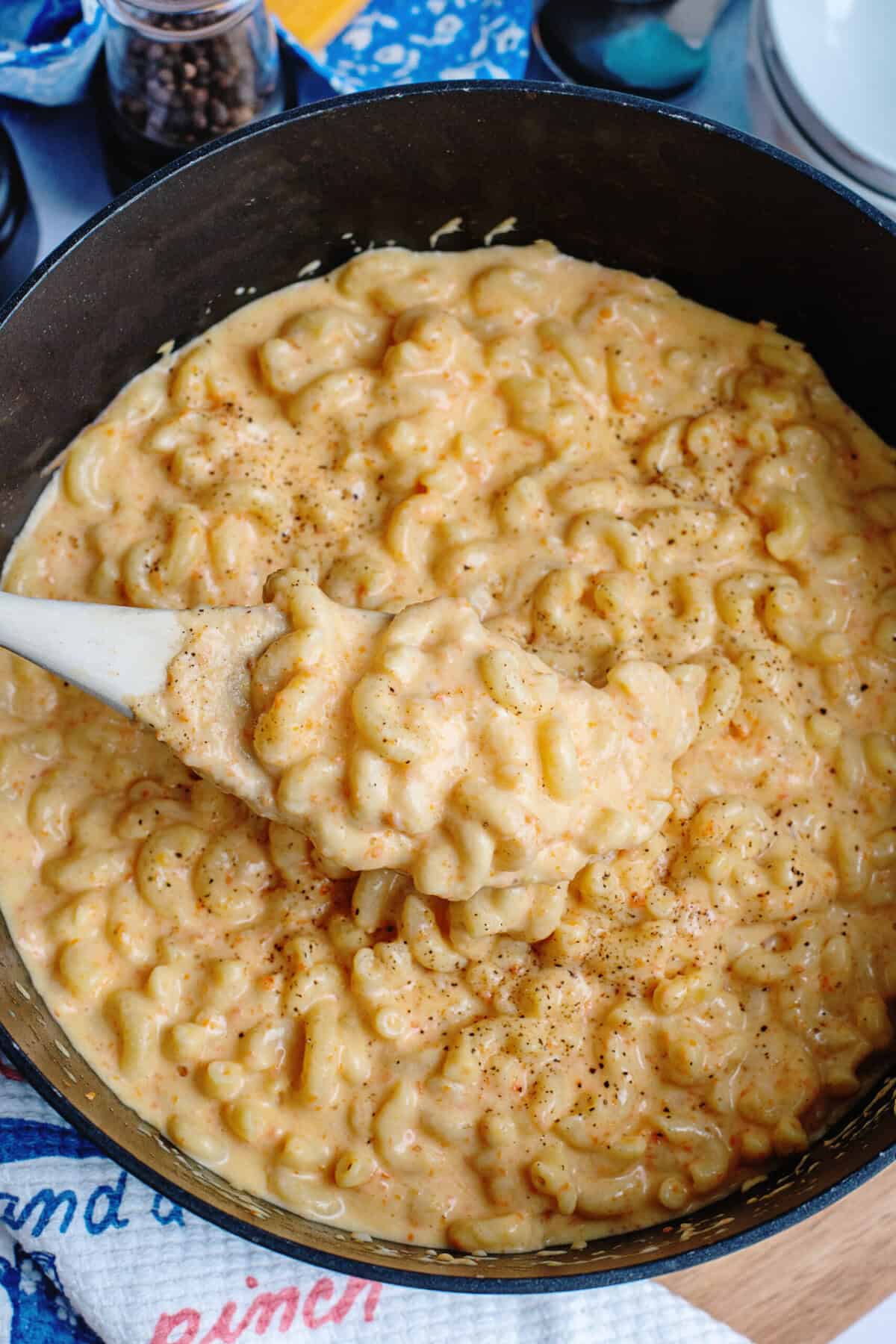A pan of mac and cheese with hidden veggies ready for serving