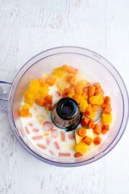 Boiled veggies in a food. processor