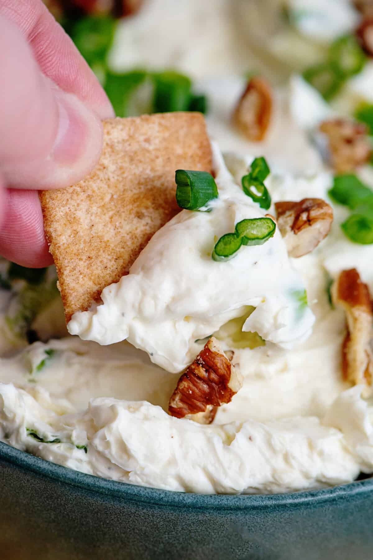 Dipping a cracker into a bowl of green onion cheese ball/dip