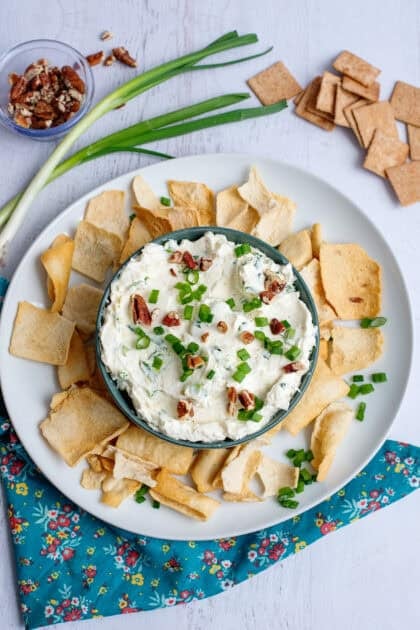 A plate of green onion cheese ball/dip