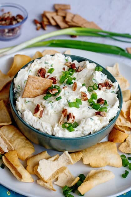A finished bowl of green onion cheese ball/dip
