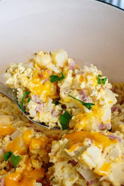 Close up of a serving of Ham, Cheese, & Egg Casserole