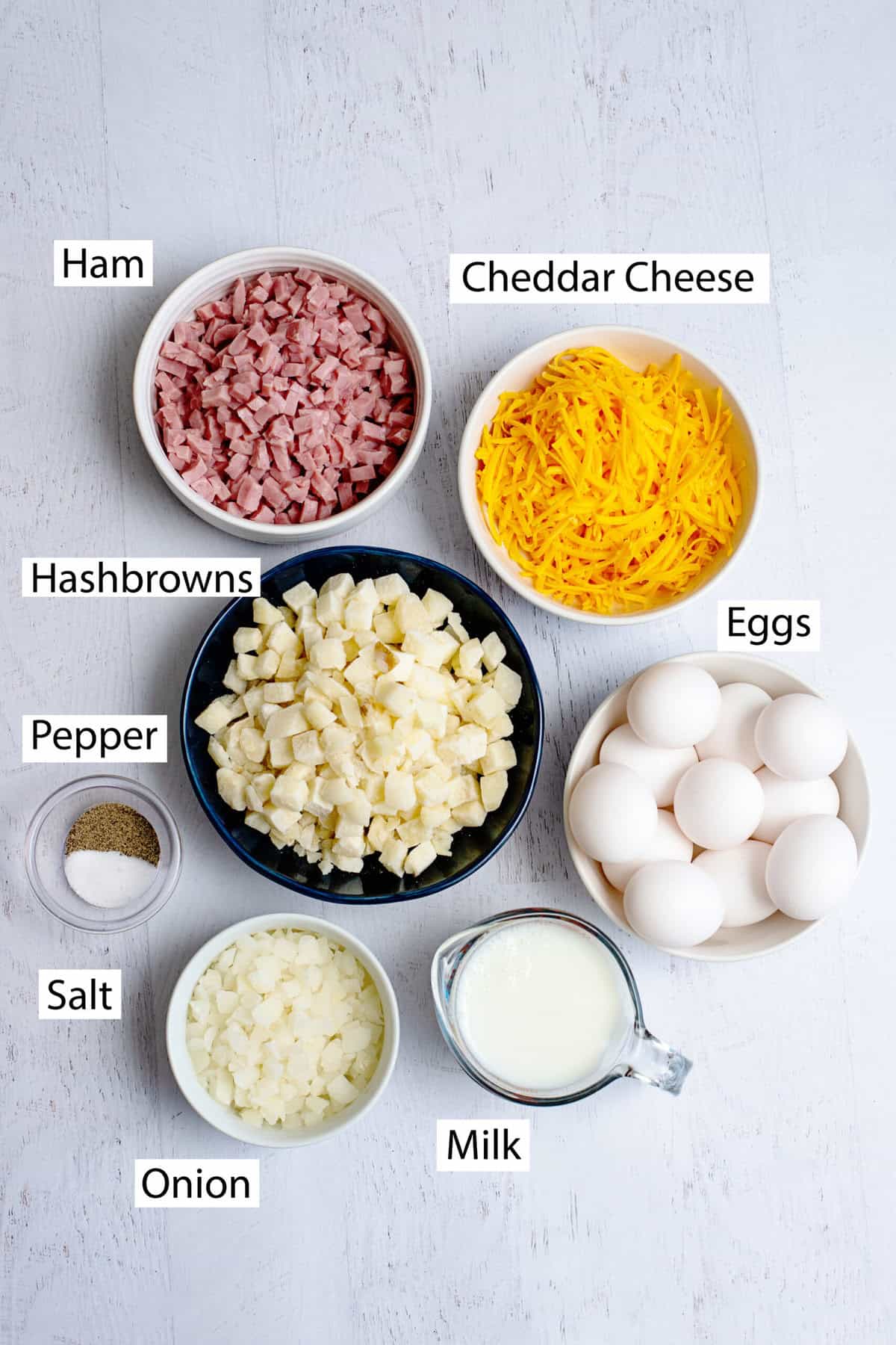 Ingredients for Ham, Cheese, & Egg Casserole