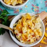 A bowl of ham, egg, and cheese casserole