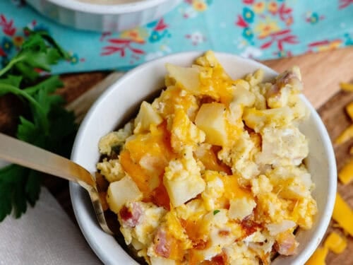 A bowl of ham, egg, and cheese casserole