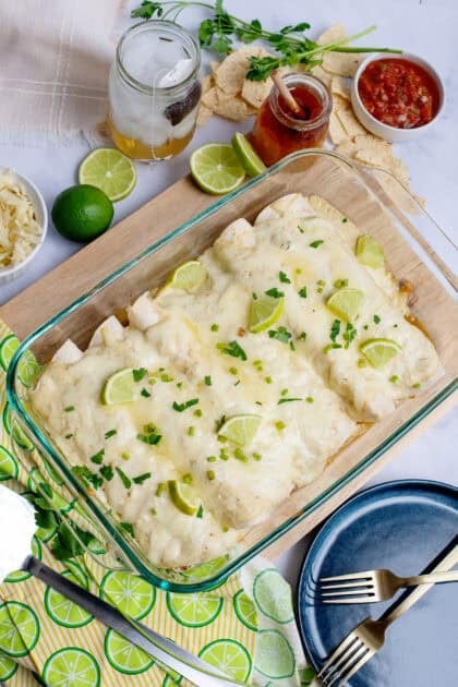 Baked and garnished Honey Lime Chicken Enchiladas