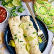 A plate of 2 Honey Lime Chicken Enchiladas