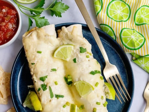 A plate of 2 Honey Lime Chicken Enchiladas