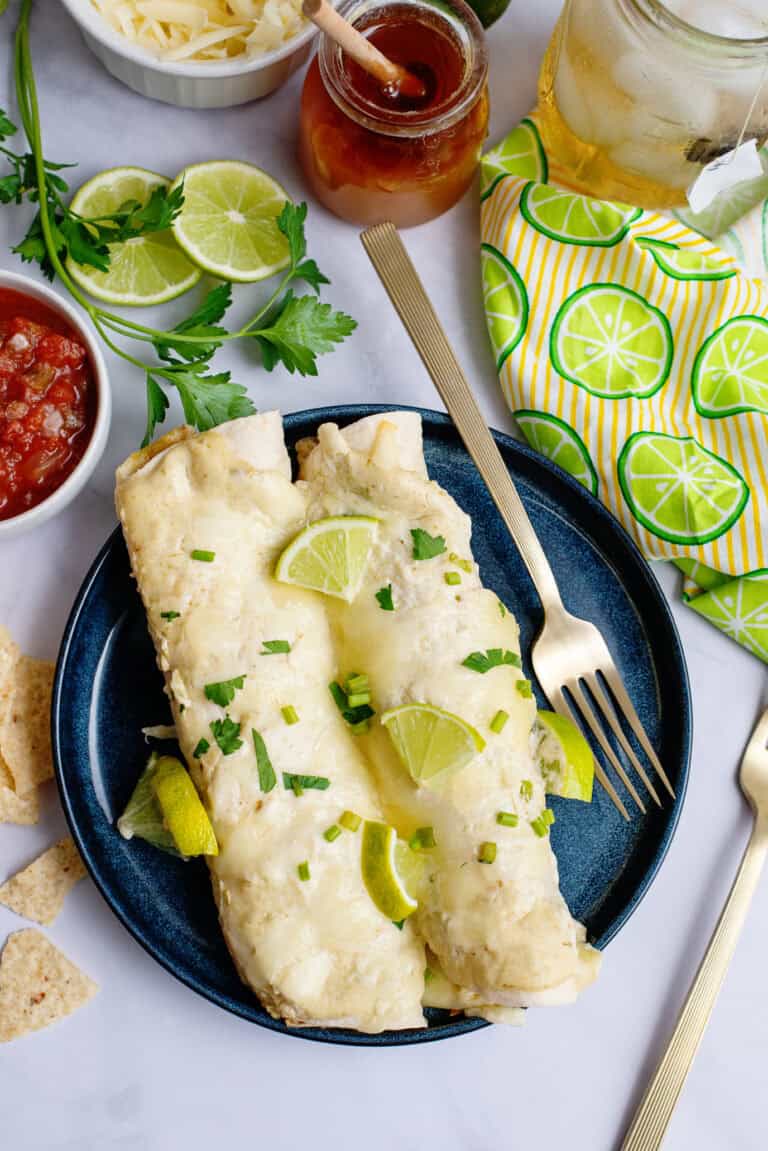 A plate of 2 Honey Lime Chicken Enchiladas