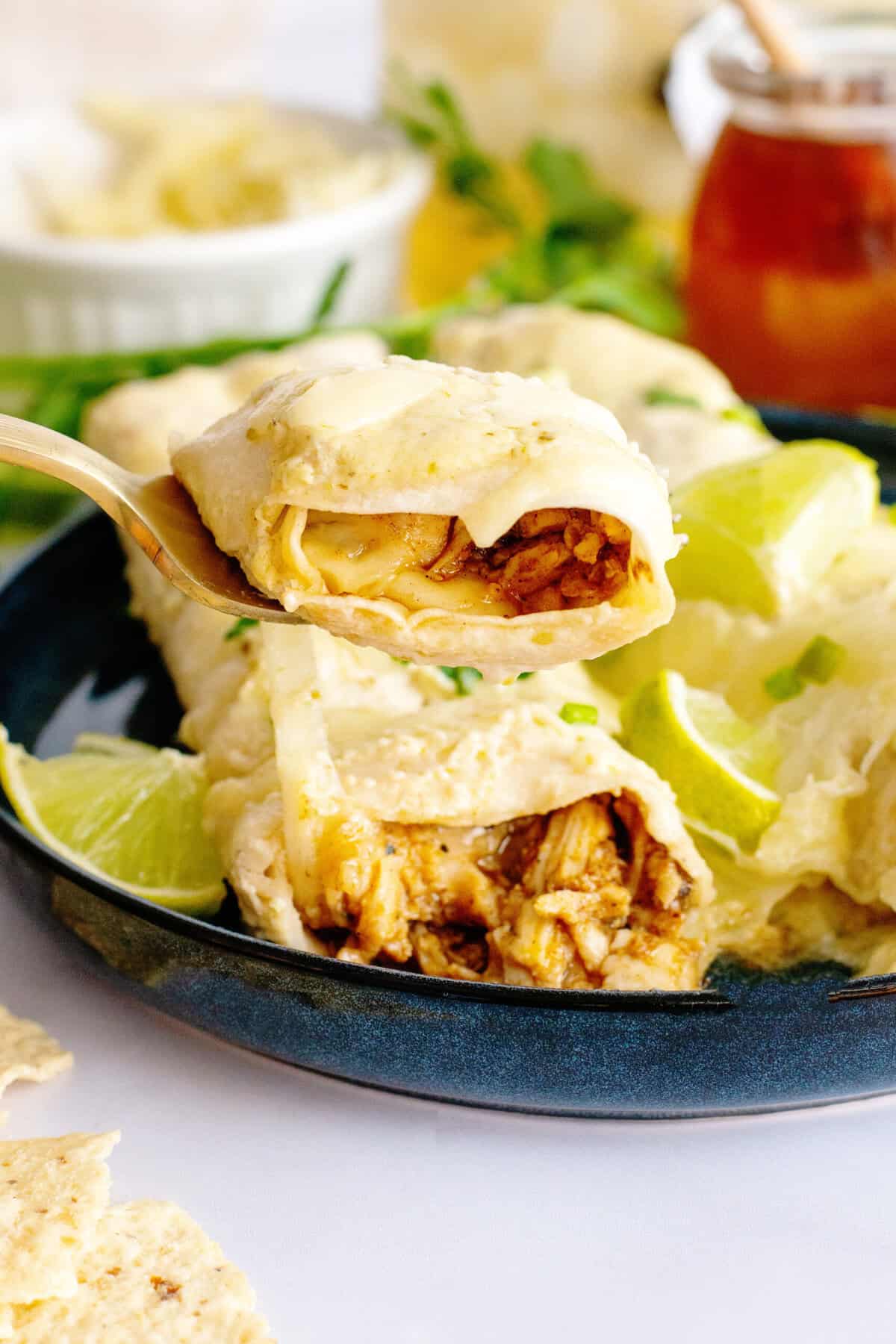 Side close up view of Honey Lime Chicken Enchiladas