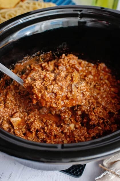 Close up of Crock Pot Spaghetti sauce on spoon