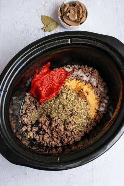 Adding spices and seasonings to the ground beef in the Crock Pot