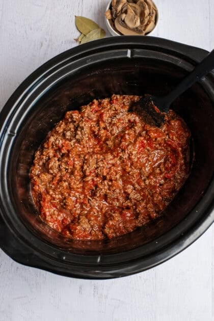 Well-mixed ground beef for Crock Pot Spaghetti