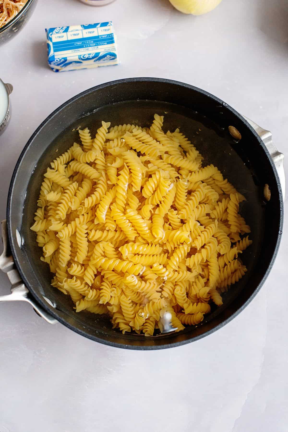 A pan of cooked pasta