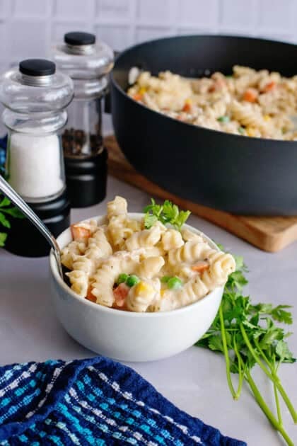 A bowl and pan of chicken pot pasta