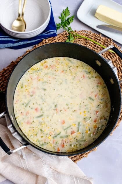 Stirred pot of low carb vegetable soup