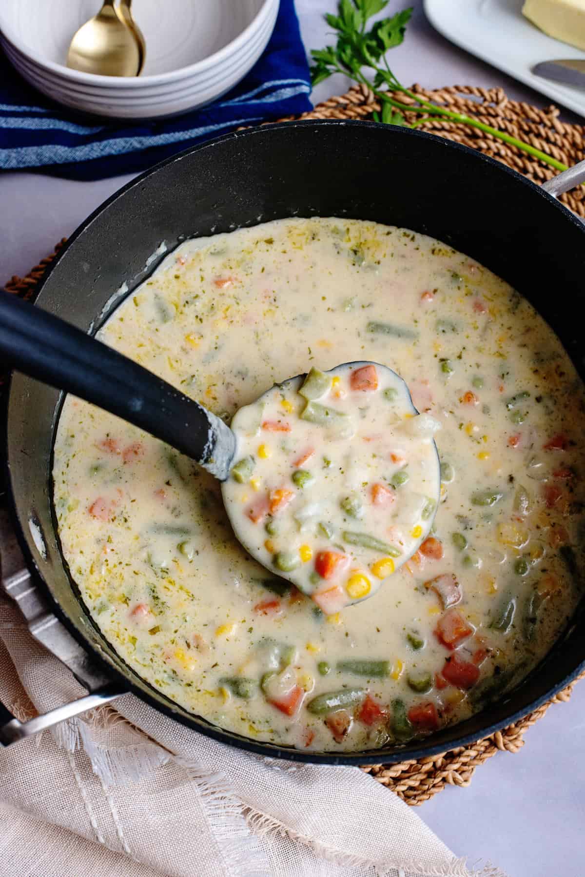 A pot of creamy low carb vegetable soup