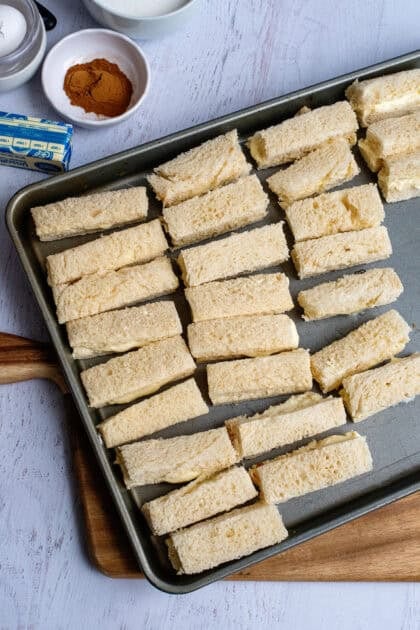 Top down view of a sheet with french toast sticks