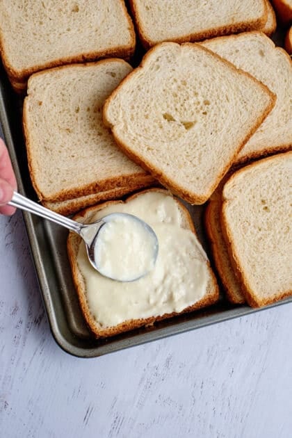 Stacks of wheat bread with cream cheese mixture