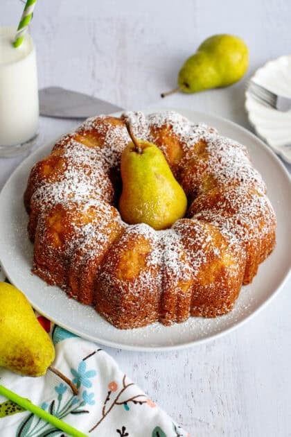 Pear bundt cake with a pear in the middle