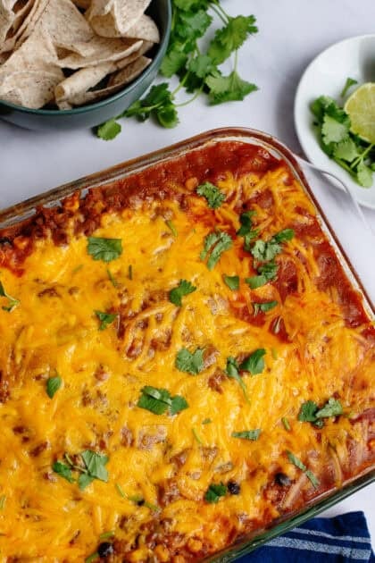 Close up shot of baked Tex Mex Lasagna