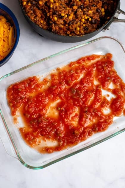 Salsa layer in a baking dish