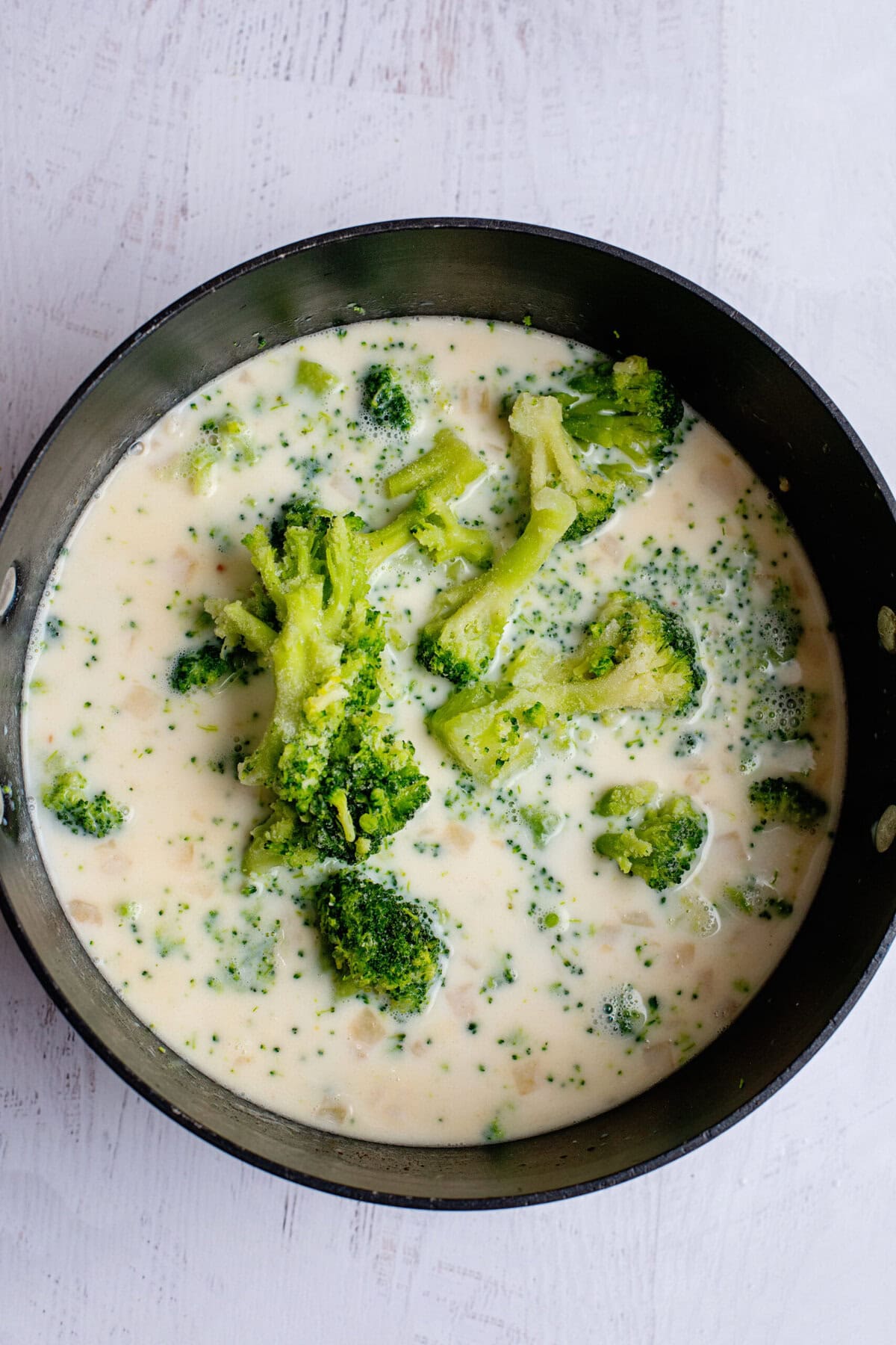 Adding broccoli to Broccoli Cheese and Bacon Soup roux