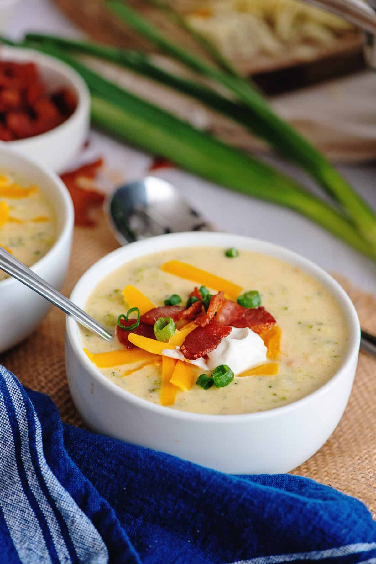 Side view of Broccoli Cheese and Bacon Soup