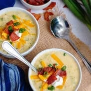 2 bowls of Broccoli Cheese and Bacon Soup