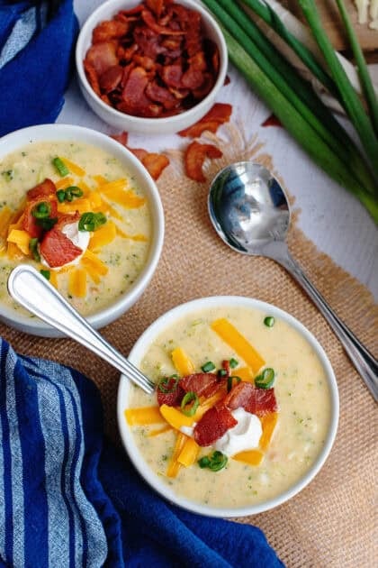 2 bowls of Broccoli Cheese and Bacon Soup