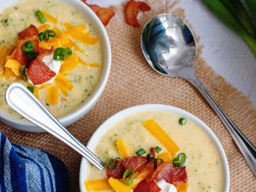 2 bowls of Broccoli Cheese and Bacon Soup