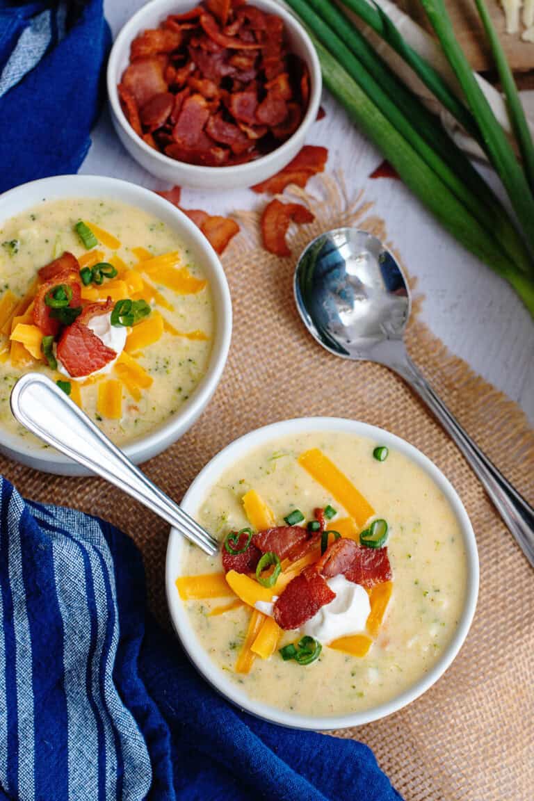 2 bowls of Broccoli Cheese and Bacon Soup