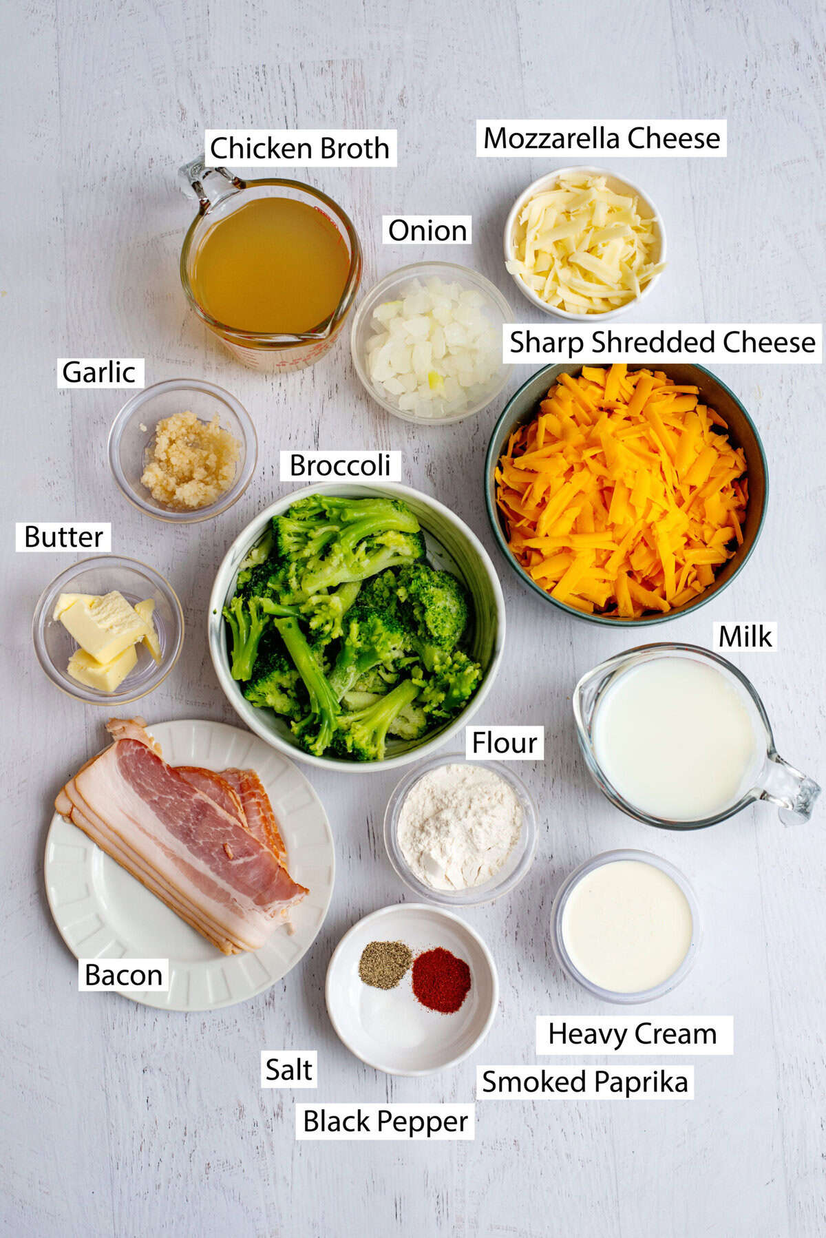 Ingredients for Broccoli Cheese and Bacon Soup