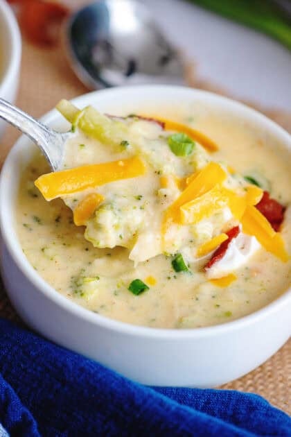 A spoonful of Broccoli Cheese and Bacon Soup