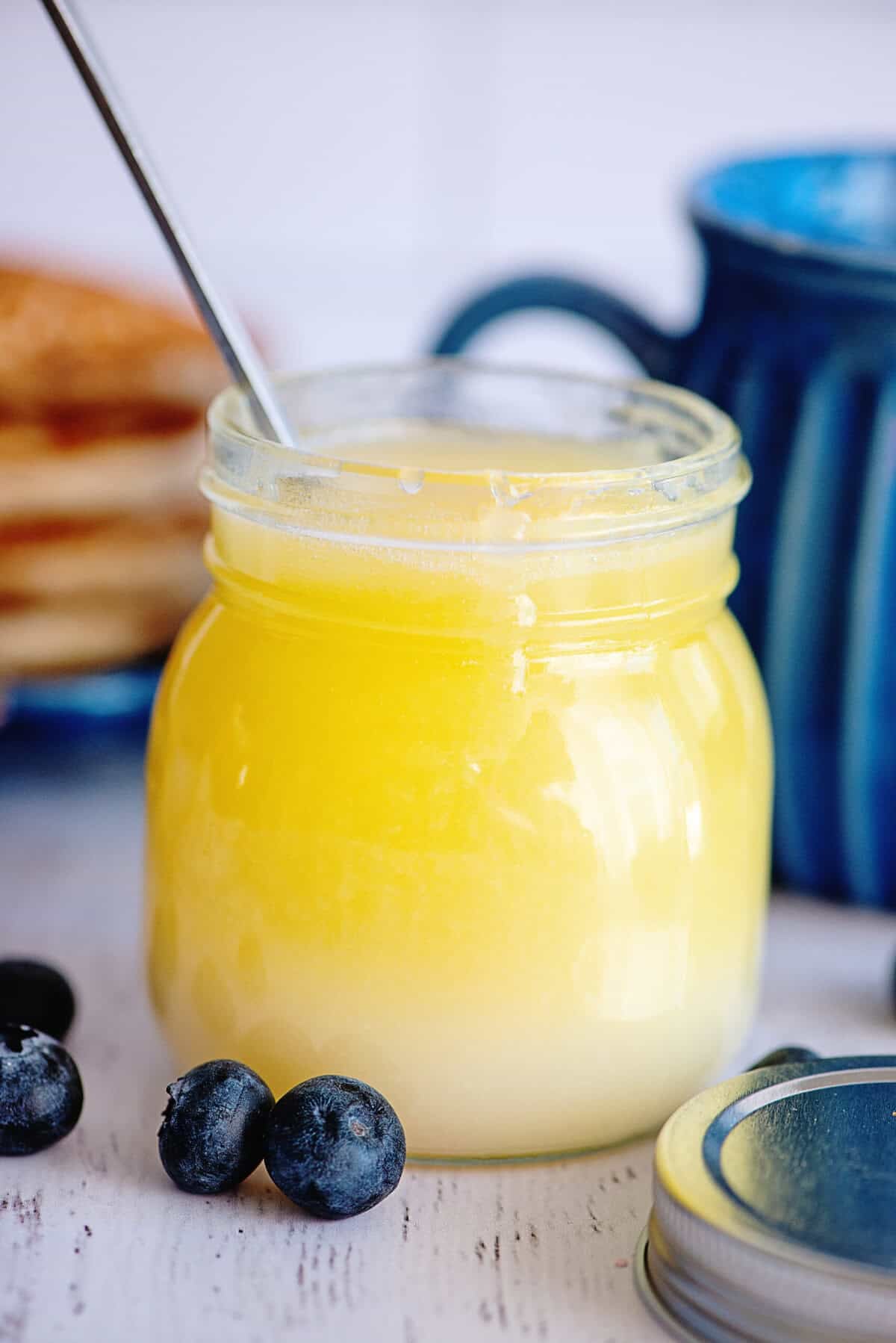 A mason jar with homemade buttermilk syrup