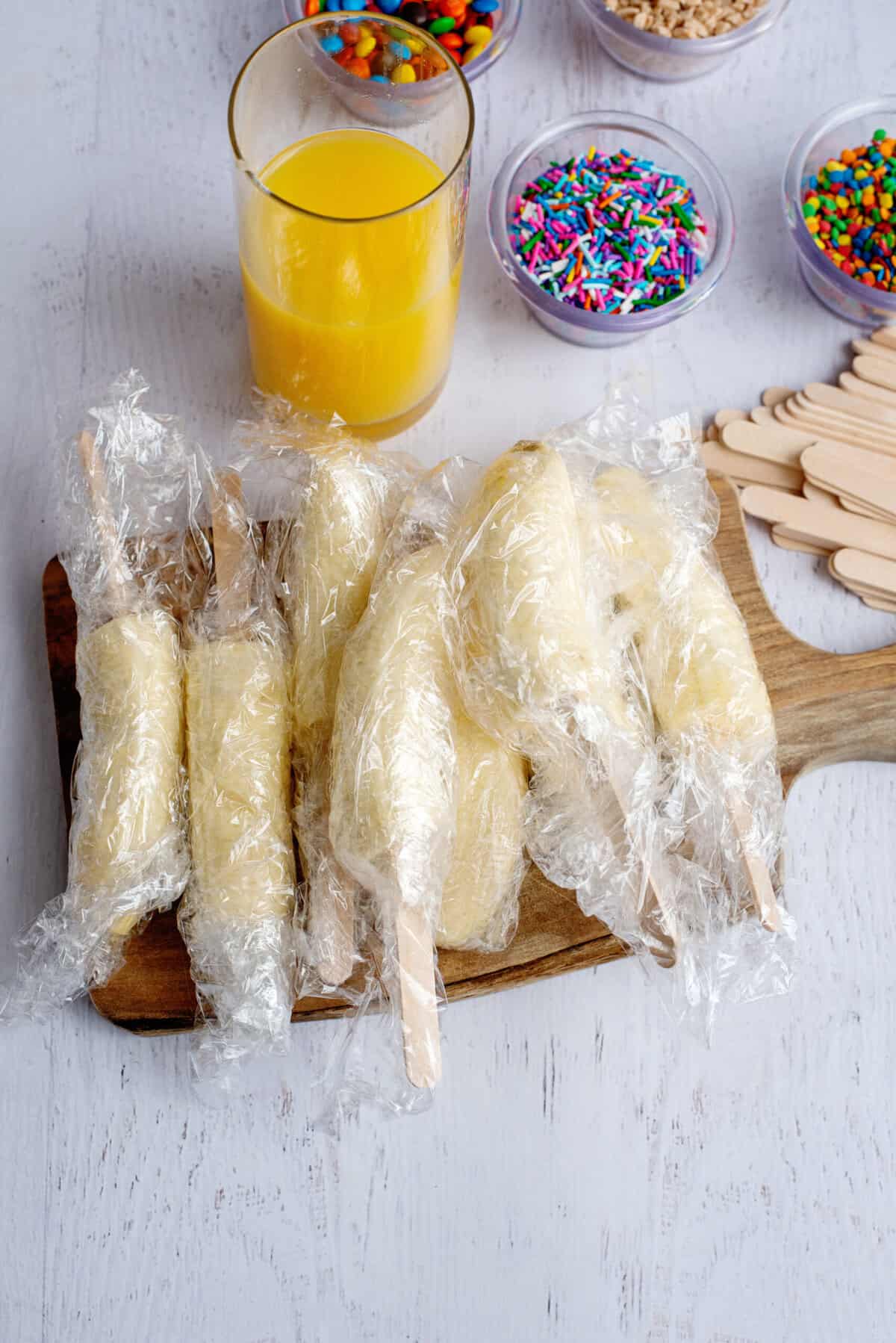 Bananas wrapped and ready to freeze